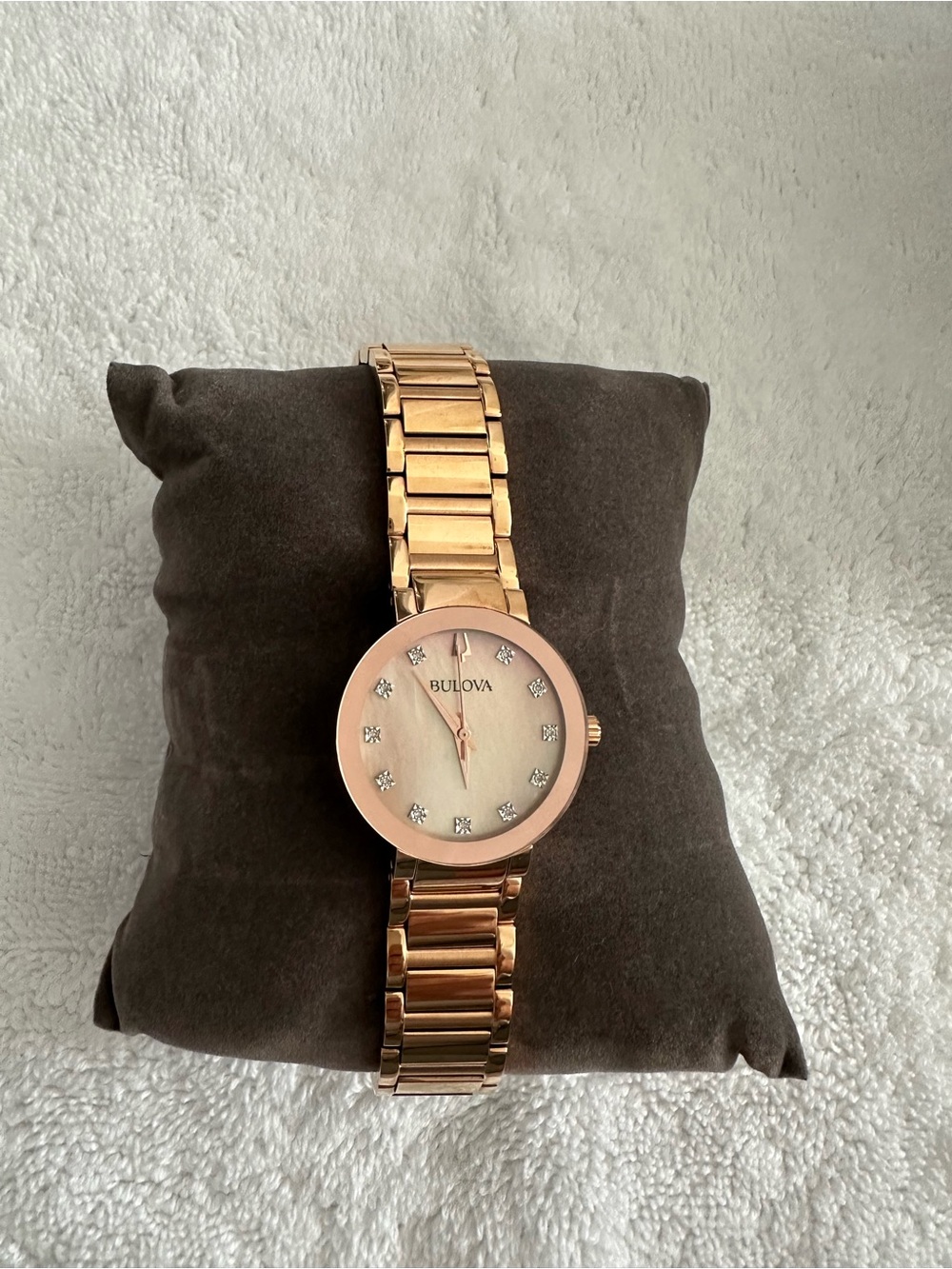 Bulova Rose Gold Tone Watch with Mother-of-Pearl Dial and Crystal Markers